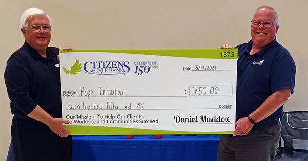 Main Office check presentation to Hope Initiative